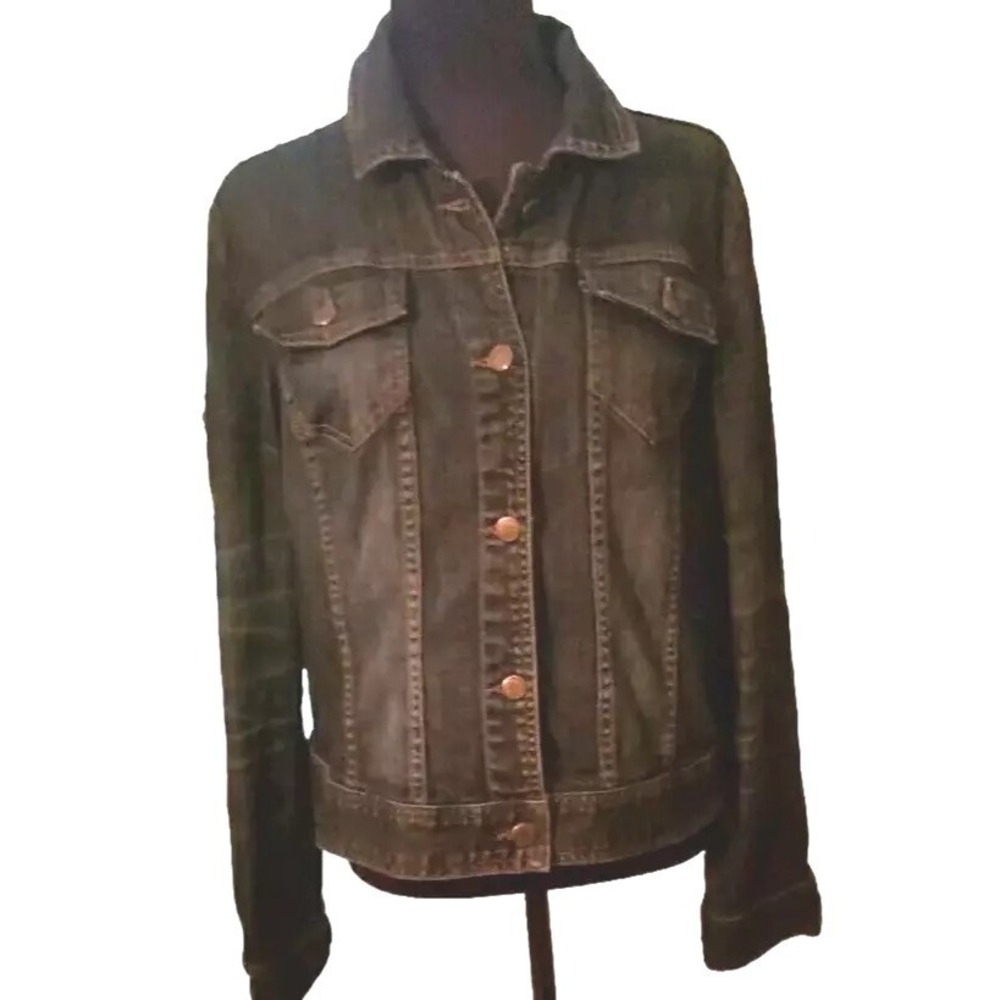 CBR Stretch Denim Jacket Button Down Women's Dark Jean Jacket Sz L EUC
